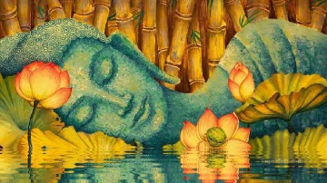宗教的 Painting - 睡蓮の池でリラックスする仏像 仏教